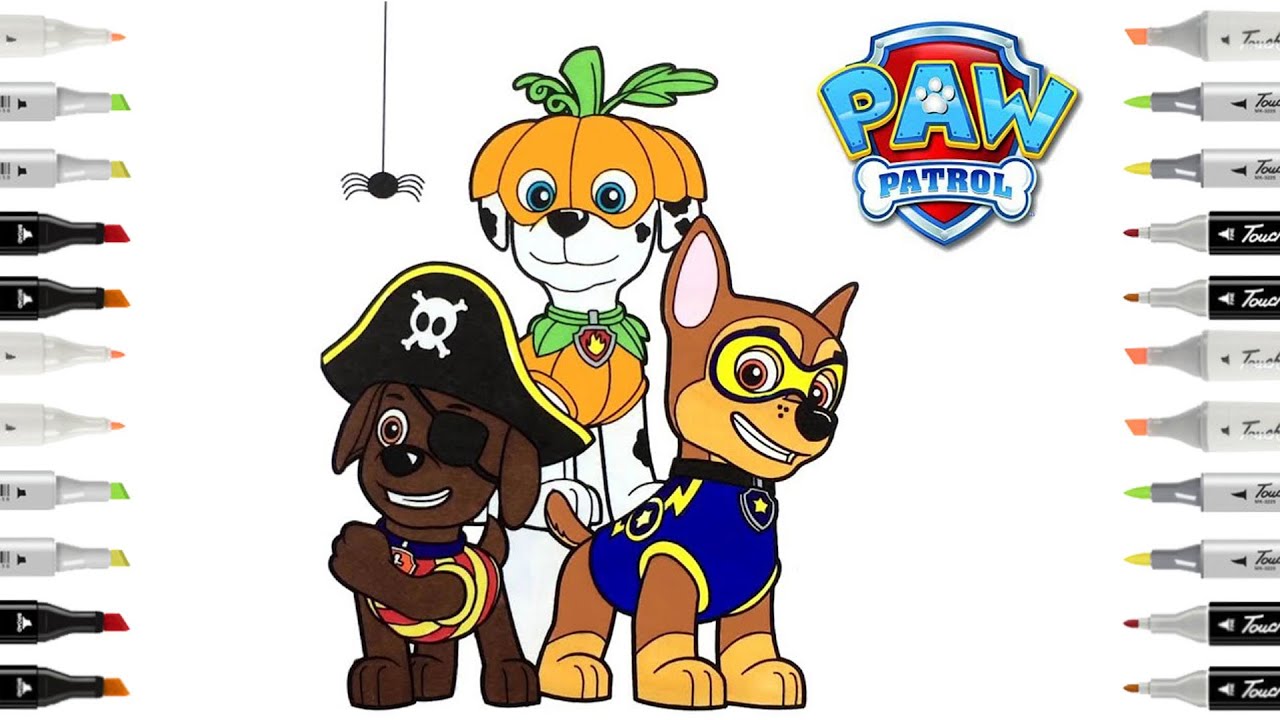 Paw Patrol Halloween Coloring Page | Paw Patrol Marshall, Chase, Zuma in Halloween Costume