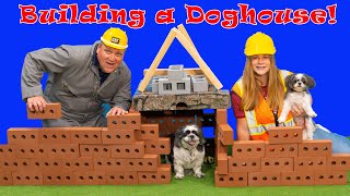 assistant helps silly mechanic build wiggles and waggles a dog house