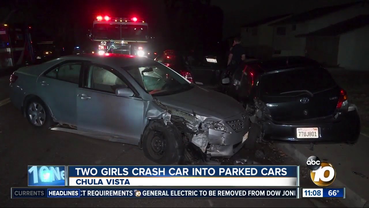 Two girls crash car into parked cars - YouTube
