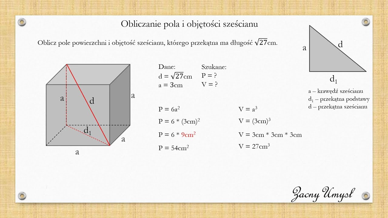 Oblicz pole powierzchni i objętość sześcianu