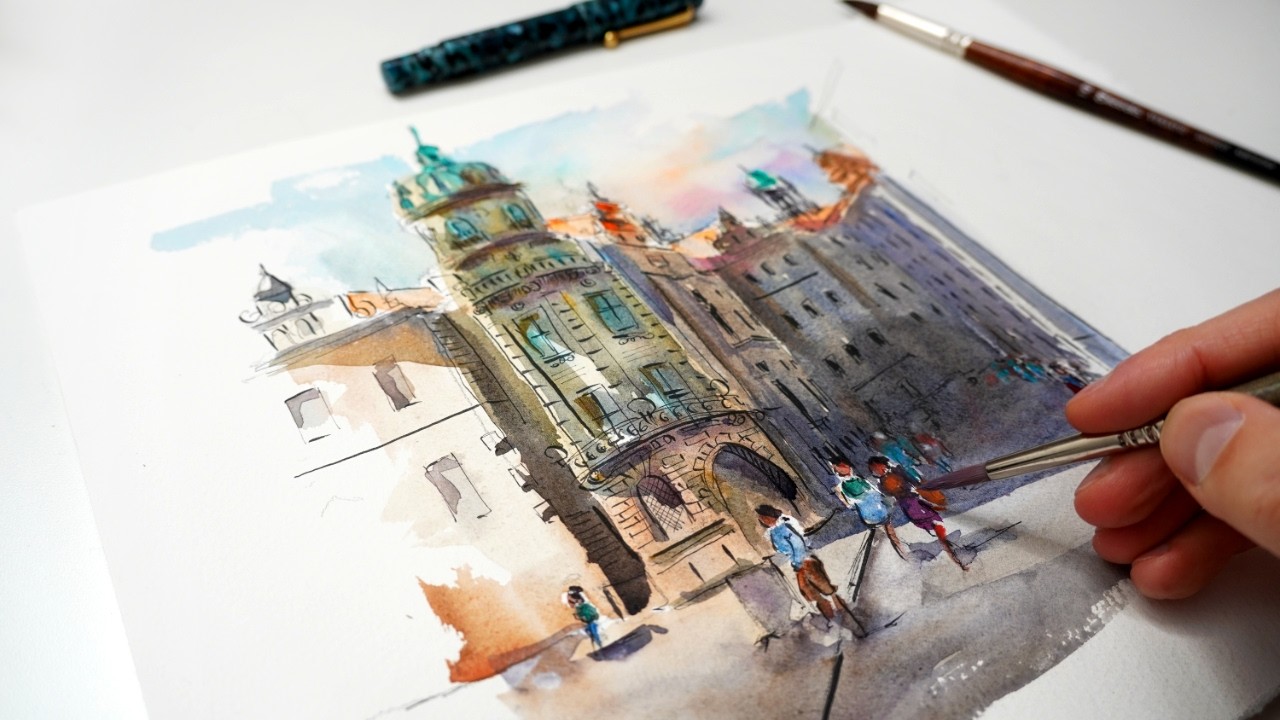 Quick Urban Sketching step by step - Ink & Watercolor - art process