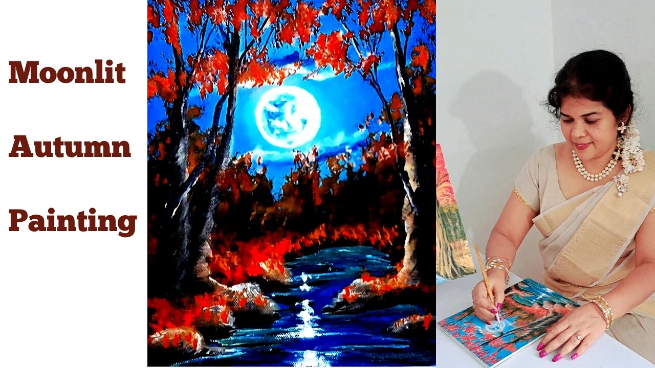 Moonlit Autumn Landscape Painting | Step by Step Tutorial | Melsiha ...