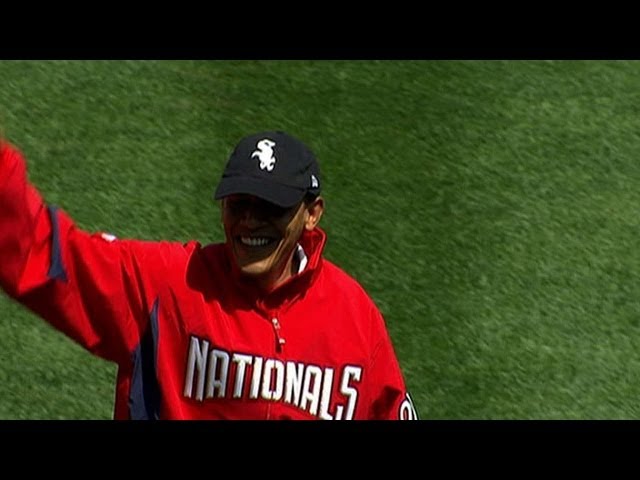 President Barack Obama throws out the first pitch at Nationals' home opener class=