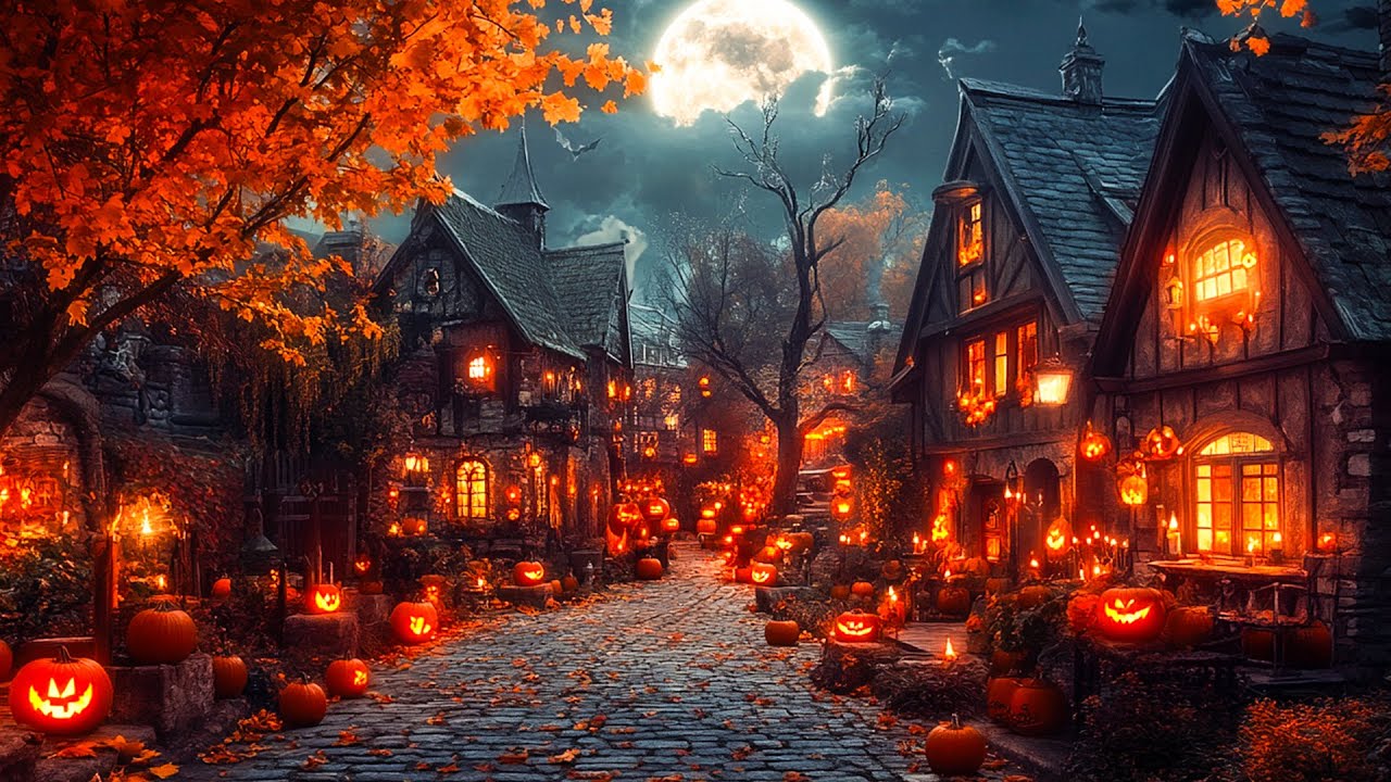 Warm Halloween Atmosphere Outside The Houses 🎃Best Halloween Music With Pumpkin Sounds, Crows, Fire👻