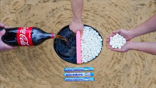 Experiment: Coca Cola VS Mentos in the split Hole. Super Reaction!