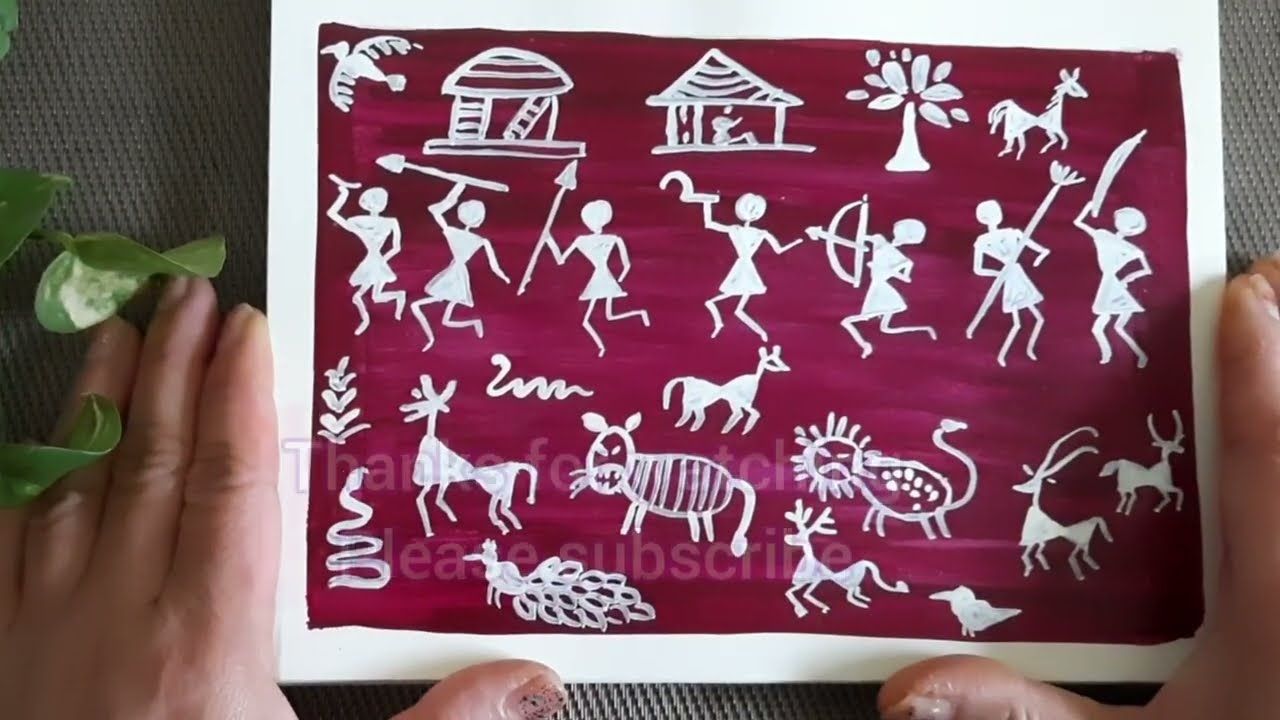 Warli art depicting tribal life | Hunters and animals in warli painting वारली पेंटिंग