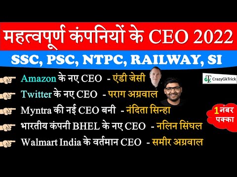 प्रमुख कंपनियों के CEO 2022 | CEO Of Important Companies 2022 | company CEO | Current Affairs 2022