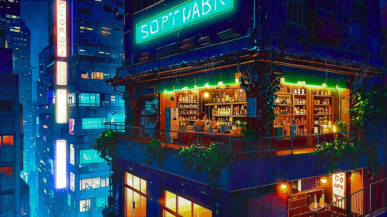 Town After Rain 🌧️ Midnight Rain at the Rooftop Neon Cafe 🌧️ | Lofi Beats to Chill & Focus