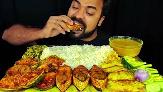 Hilsa  fish fry, Egg omelette fry, birnjl fry,   veg  fry, dal, rice and salad eating show video