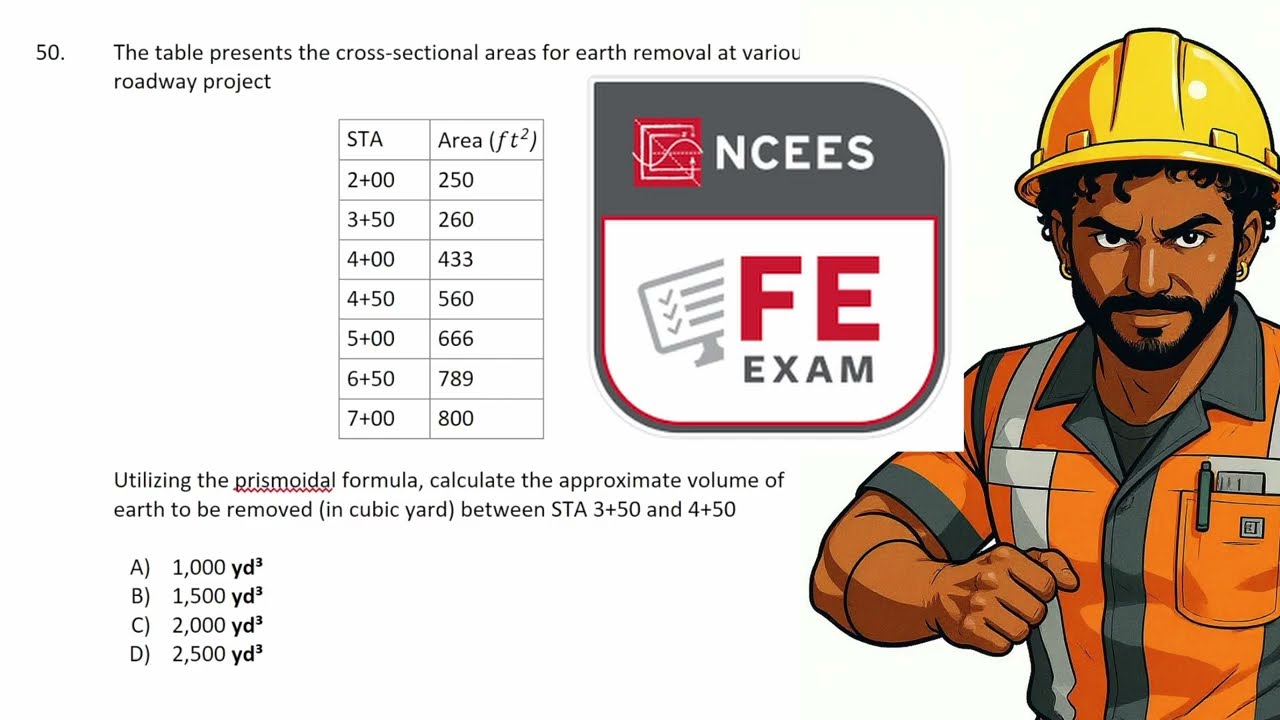 FEExam  #50: Earthwork Volume Problem (Prismoidal formula) (Step-by-Step Solution) 