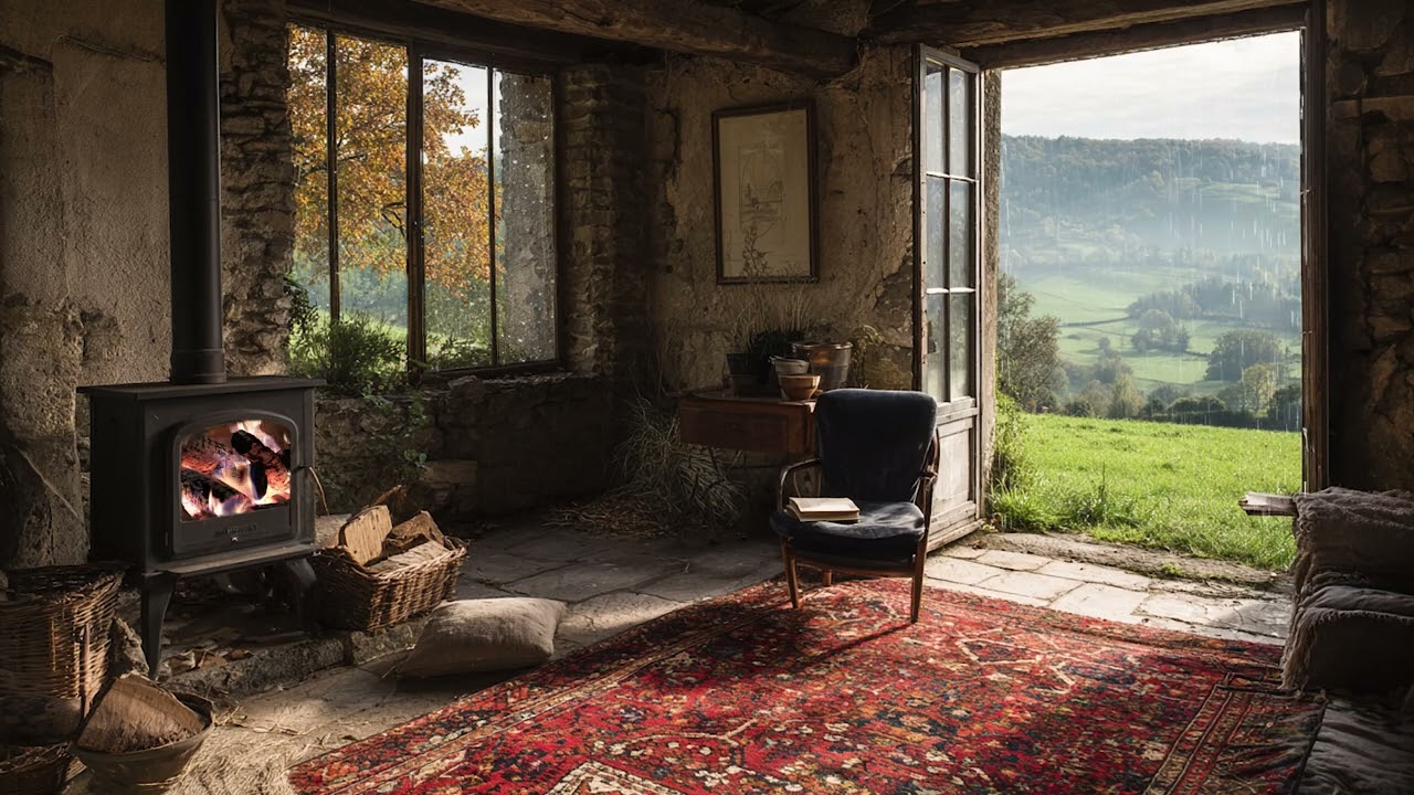 Warm Fireplace in a Rainy Forest Cabin 🌲 Sounds for Sleep & Stress Relief