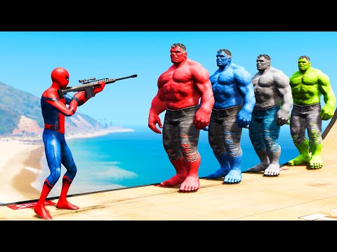 GTA 5 Water Ragdolls Spiderman vs Red Hulk vs Blue Hulk vs Green Hulk Jumps Fails (Funny Moments)