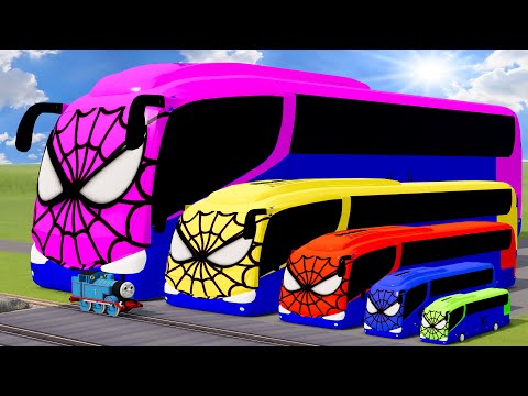 Big & Small Color Bus Spiderman vs Train Thomas | BeamNG.Drive