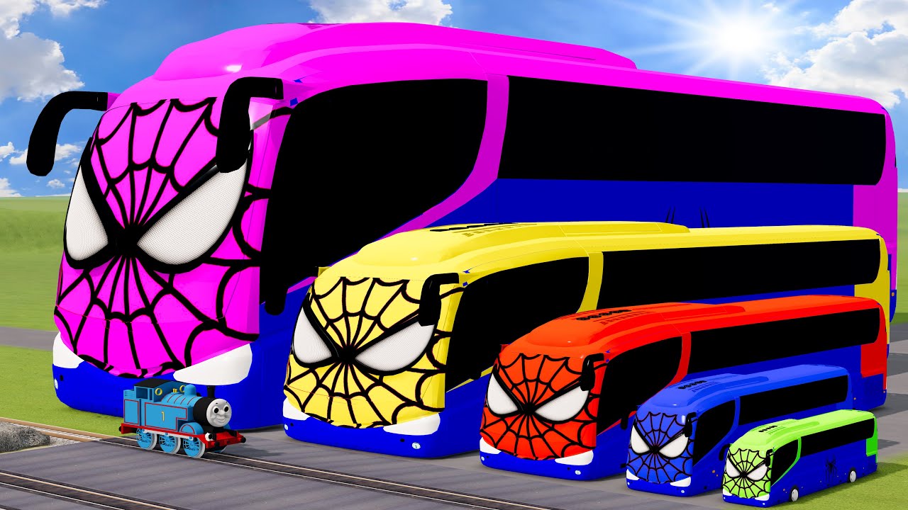 Big & Small Color Bus Spiderman vs Train Thomas | BeamNG.Drive