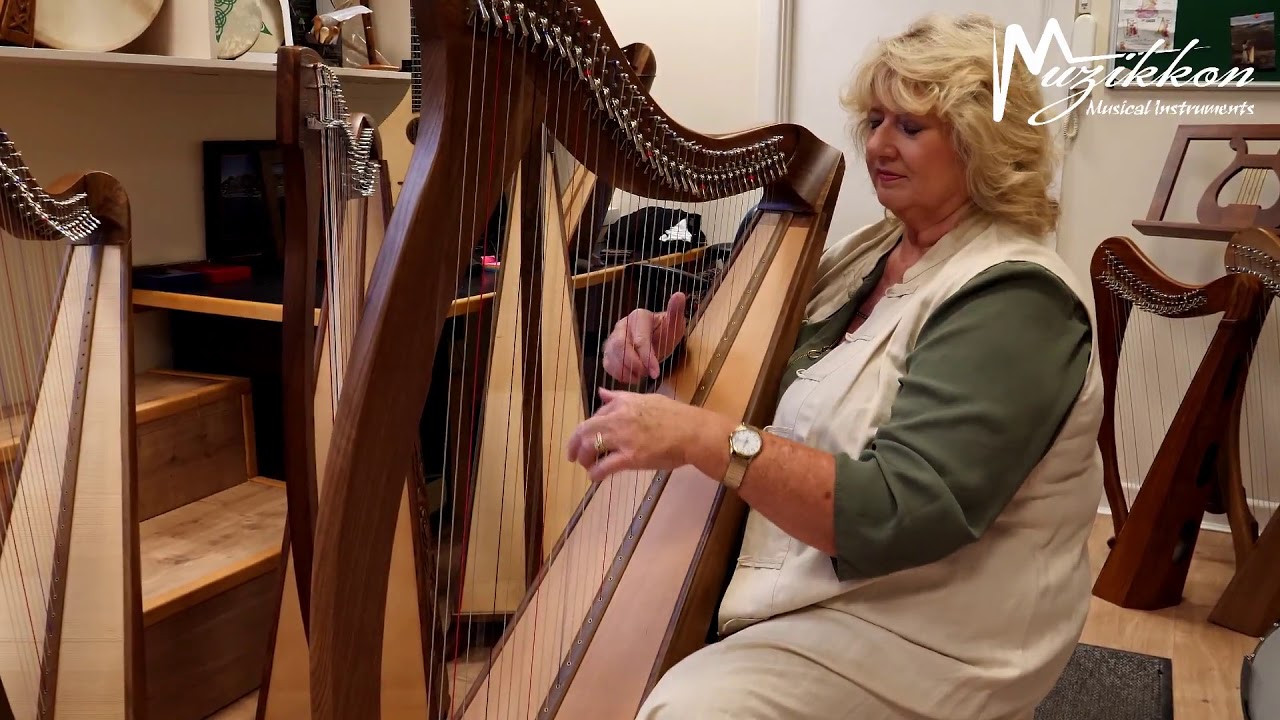 Muzikkon 36 String Ard Ri Harp Walnut Finish with Steel Base Strings And New Levers Being Played