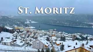 St. Moritz, Switzerland 4K - Snowy Scenic Walk, Relaxing Snowfall Video - Travel Vlog, Walking Tour