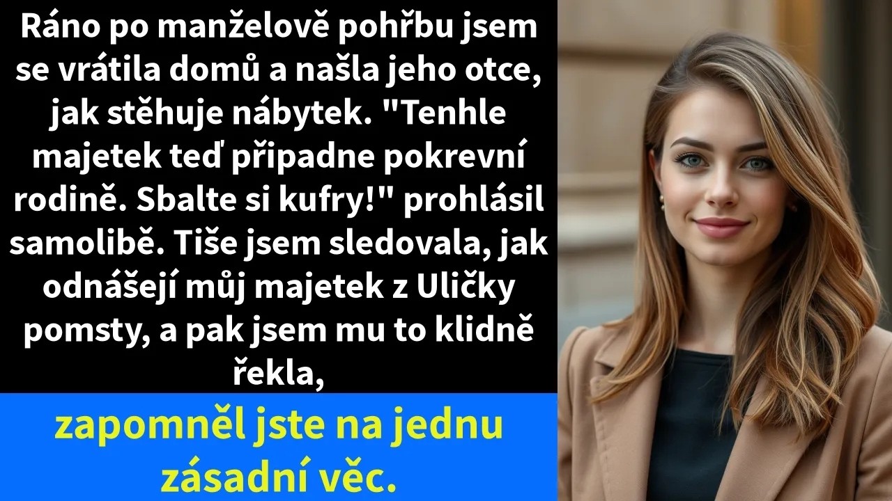 Stála jsem ve dveřích vlastního domu, ještě v černých šatech z pohřbu, a sledovala, jak tchán řídí své syny, aby odnesli babiččino křeslo. „Tento majetek nyní připadá pokrevní rodině. Zbalte si...