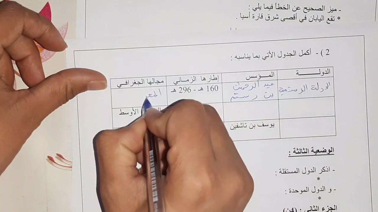 اختبار  الفصل الثاني تاريخ و جغرافيا سنة ثانية متوسط