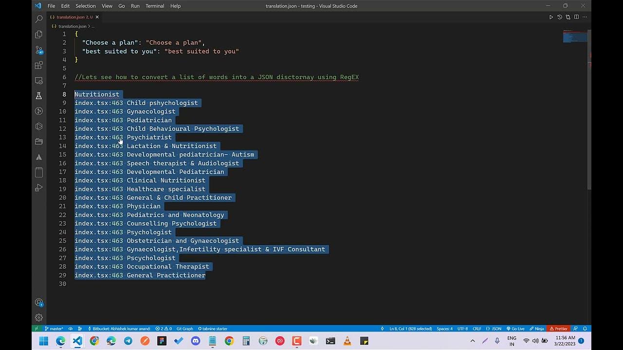 how to convert list of words to json dictionary using regex YouTube