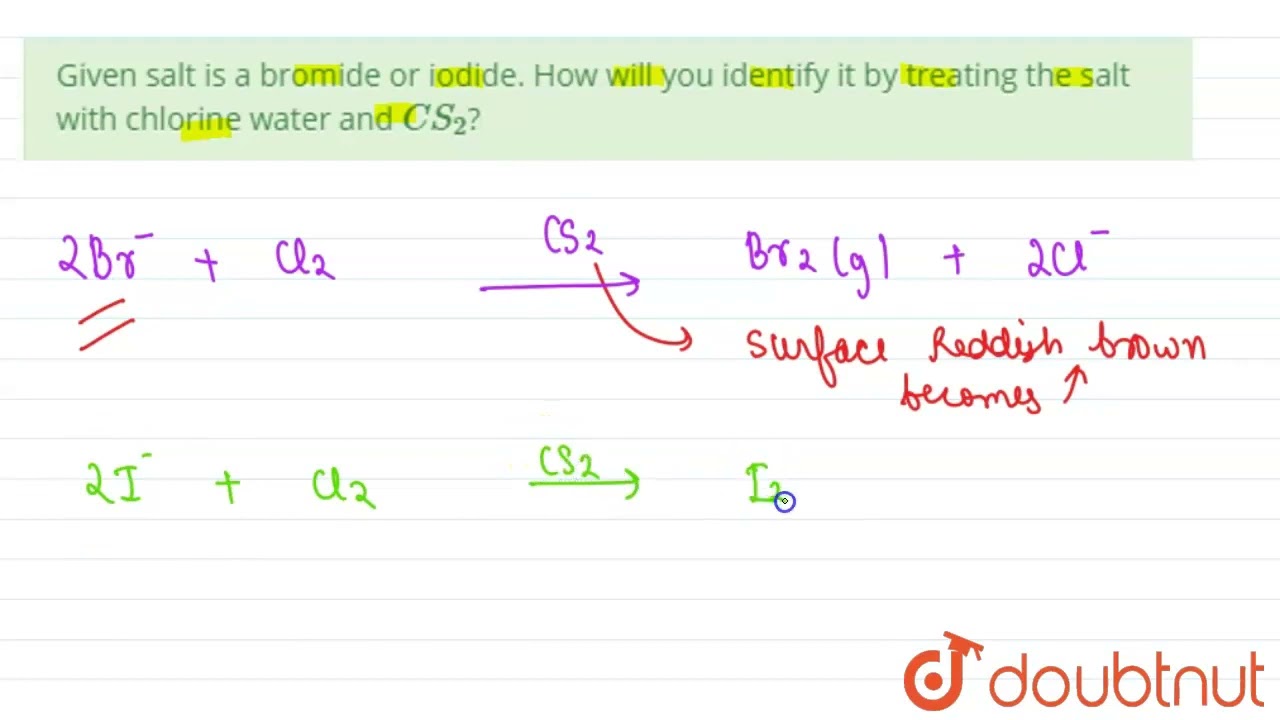 Given salt is a bromide or iodide. How will you identify it by treating the salt with chlorine w...