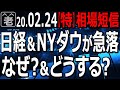 日経平均とNYダウが急落。祭日の２月24日、相場に何が起きているか？明日(25日)の相場はどうなるか？為替(FX)の動向も交えつつ、急落の原因と対策、今、有効と思われるトレード戦略などを解説。
