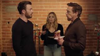 Chris Evans, Robert Downey Jr \& Elizabeth Olsen | Tony Steals The Last Donut
