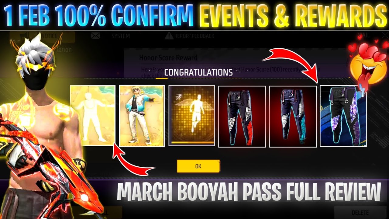 1 FEBRUARY ALL 100% EVENT & REWARDS | FREE FIRE ANGELIC PANTS EVENT | MARCH BOOYAH PASS REVIEW 
