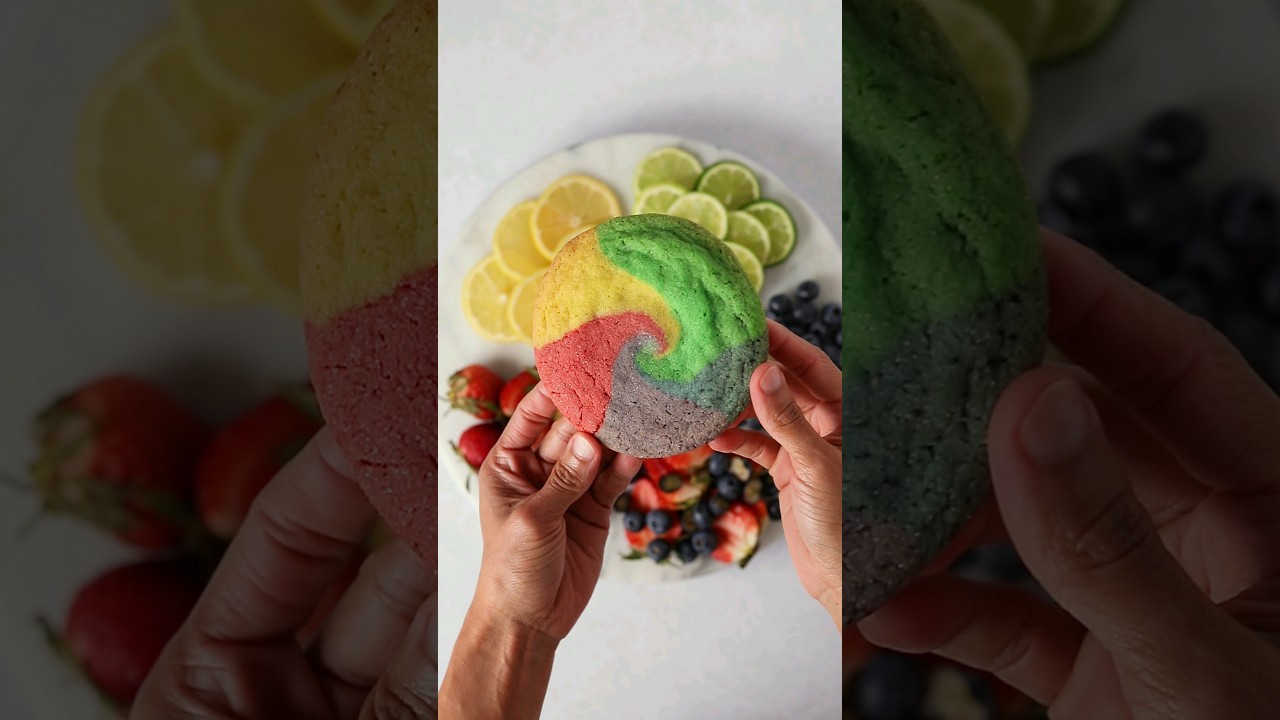 Rainbow swirl cookies! Each color is naturally flavored: lemon, lime, blueberry, strawberry 