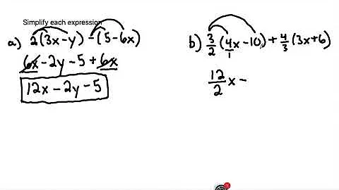 Simplify each expression. 2(3x - y) - (5 - 6x)     3/2(4x-10) + 4/3(3x+6)