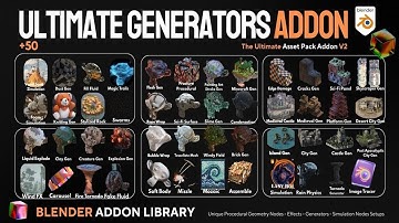 50+ Procedural Generators Addon V2 | One-Click Asset Library + Procedural Geometry Nodes for Blender