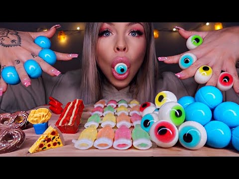 ASMR PLANET GUMMI JELLY, NIK-L-NIPS WAX BOTTLES CANDY, EYEBALLS JELLY, CHOCOLATE BACON MUKBANG ASMR