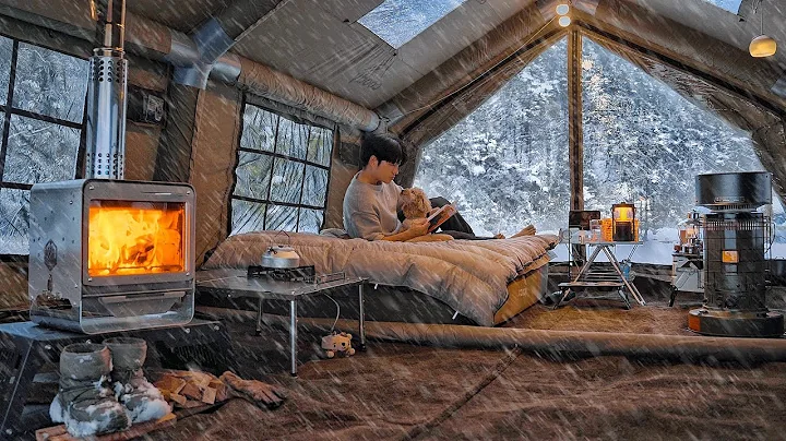 Camping in Heavy Snow with My Dog . 2-Room Inflatable Tent . Wood Stove ASMR