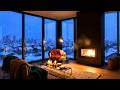 Cozy Winter Fireplace with Snowy City View Ambience for Focus and Relax - Calm Night