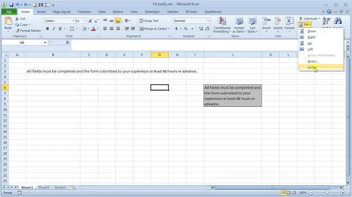 Creating a Text Block in Excel using Fill Justify