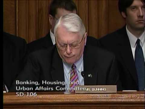 US Senator Jim Bunning delivers his statement at the Senate Banking Committee explaining why he will oppose the nomination of Ben Bernanke to serve a second term as Chairman of the Federal Reserve.
