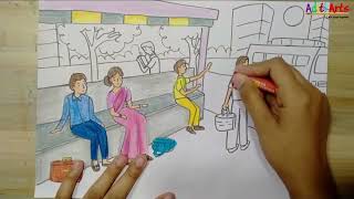 Bus Stand Memory Drawing | Bus Stand Drawing | Bus Station Drawing