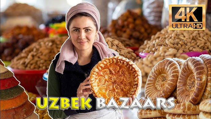 A bustling Uzbek bazaar with colorful stalls selling navat sugar, teas, and traditional sweets, with locals and tourists mingling