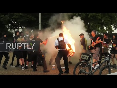 USA: Flag burning at White House before Trump's military parade