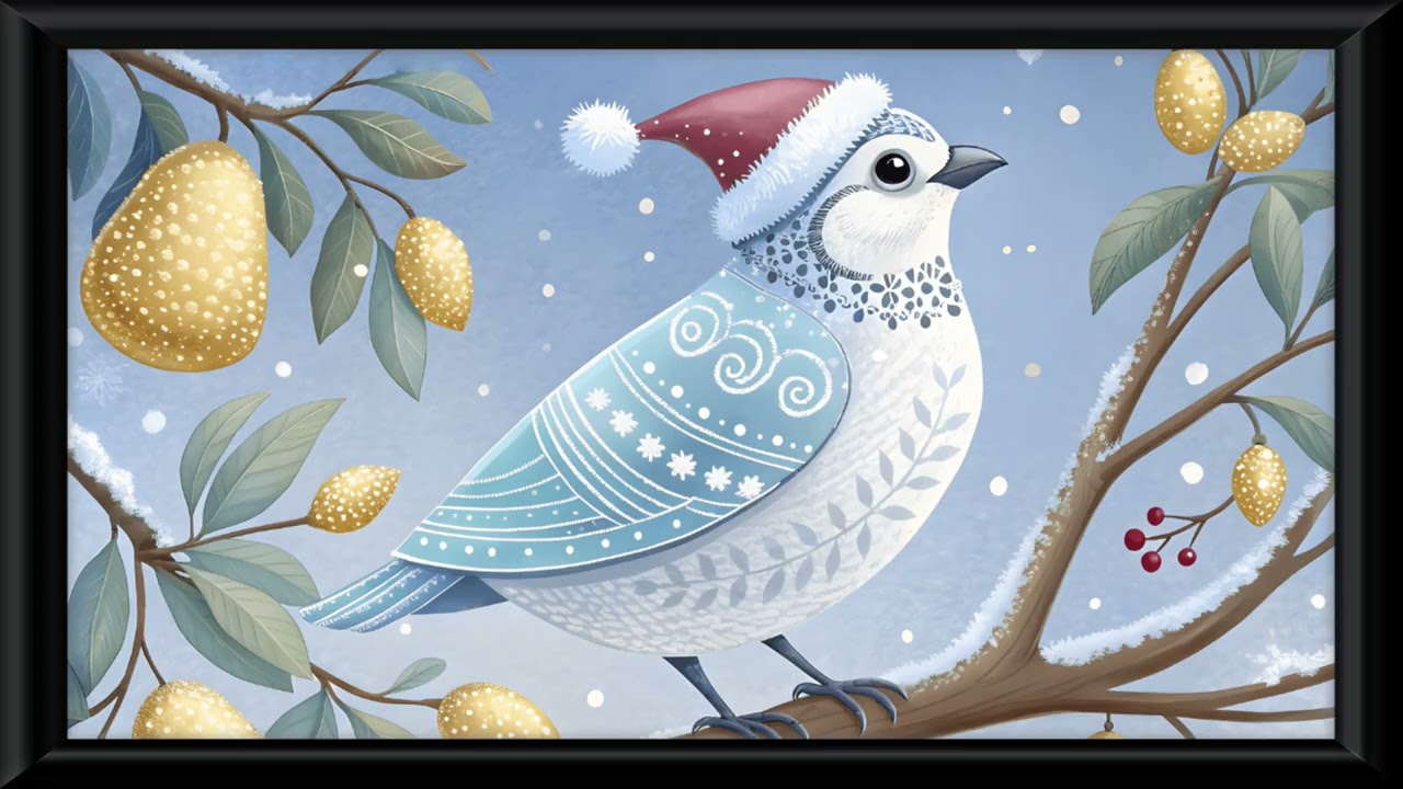 Christmas Bird with Santa Hat – 4K Framed Wallpaper Screensaver (2 Hours)