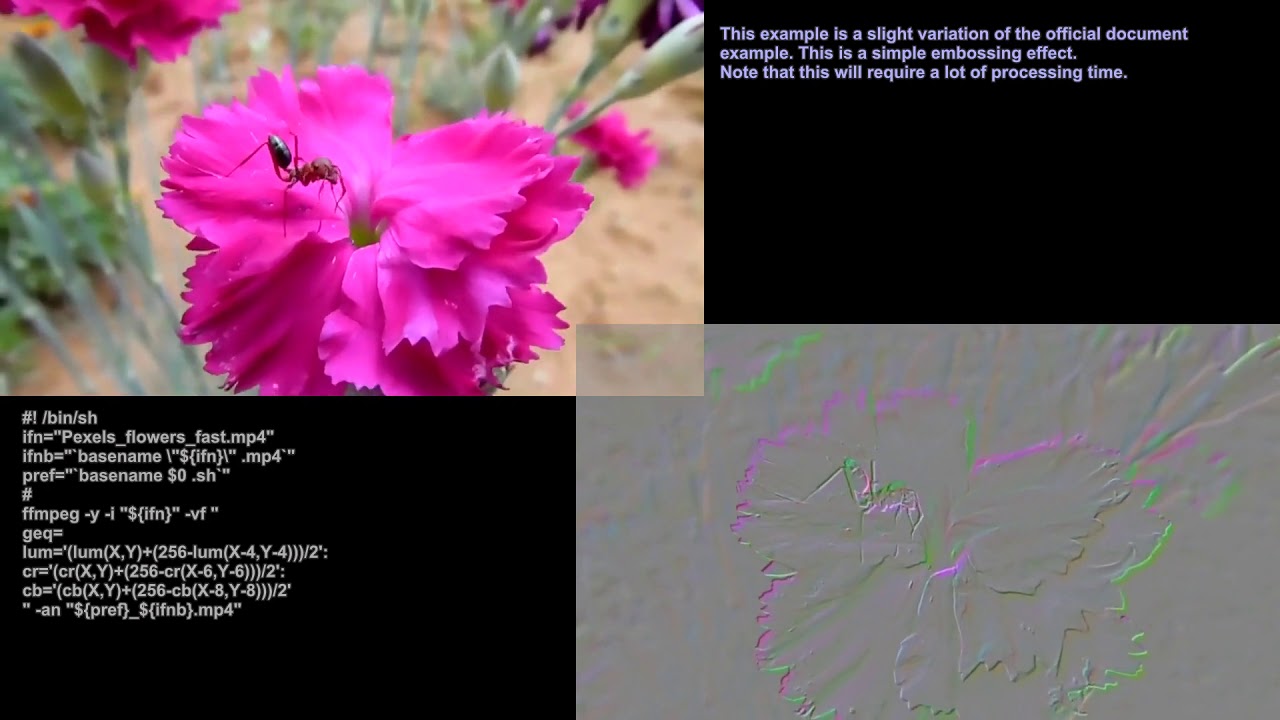 Examples of manupilation of video colors with ffmpeg - geq, vignette