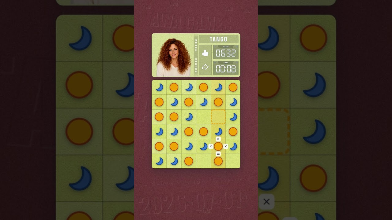 LinkedIn Tango #632 solved board for July 1, 2026, 6x6 grid
