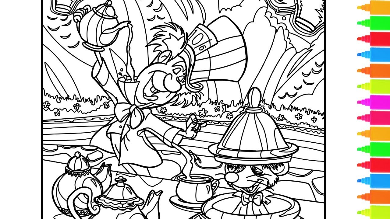 Раскраска «Алиса в Стране чудес» от Disney — Безумное чаепитие с Безумным Шляпником и Соней | Рас...