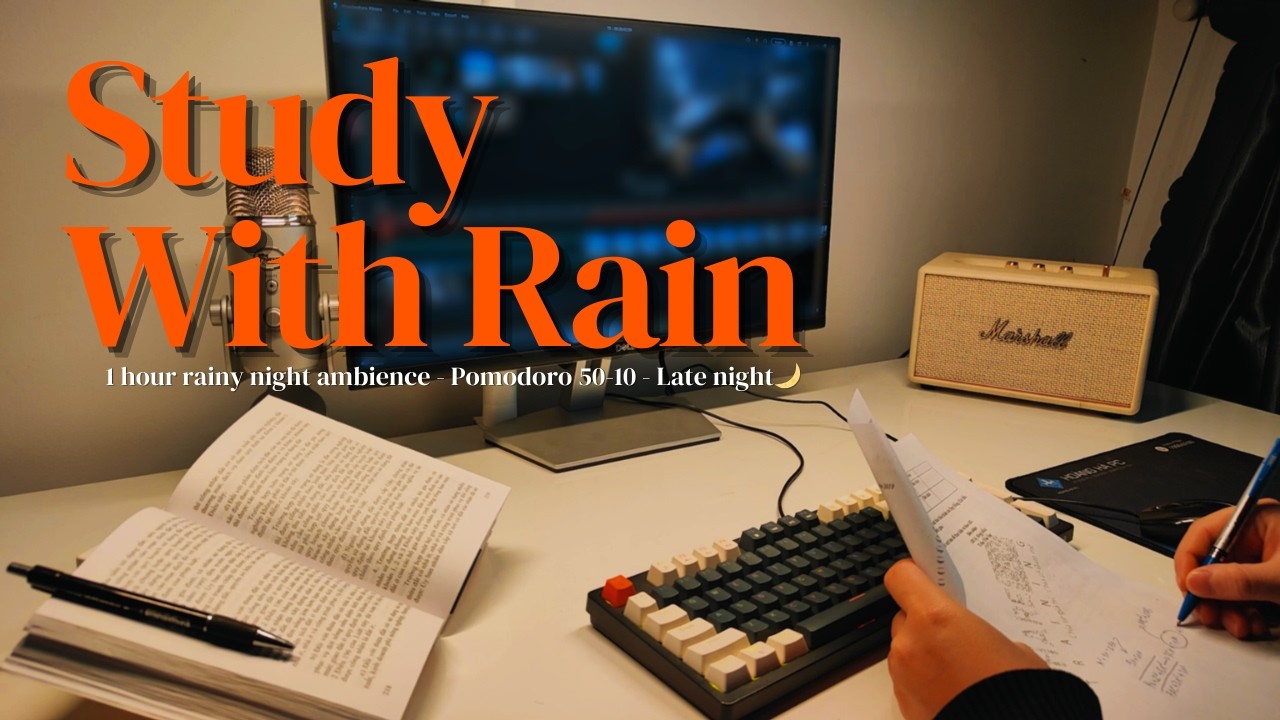 1hr Winter Late Night Study With Me 🌙🌧️ | Pomodoro 50-10, Rain Sounds