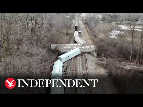 Train carrying hazardous materials scattered over tracks in Detroit captured on drone footage