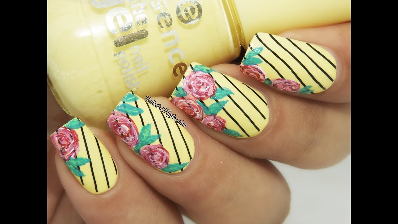 DIY Yellow Black Stripes Floral Nails ||ESSENCE POLISH + BORN PRETTY||