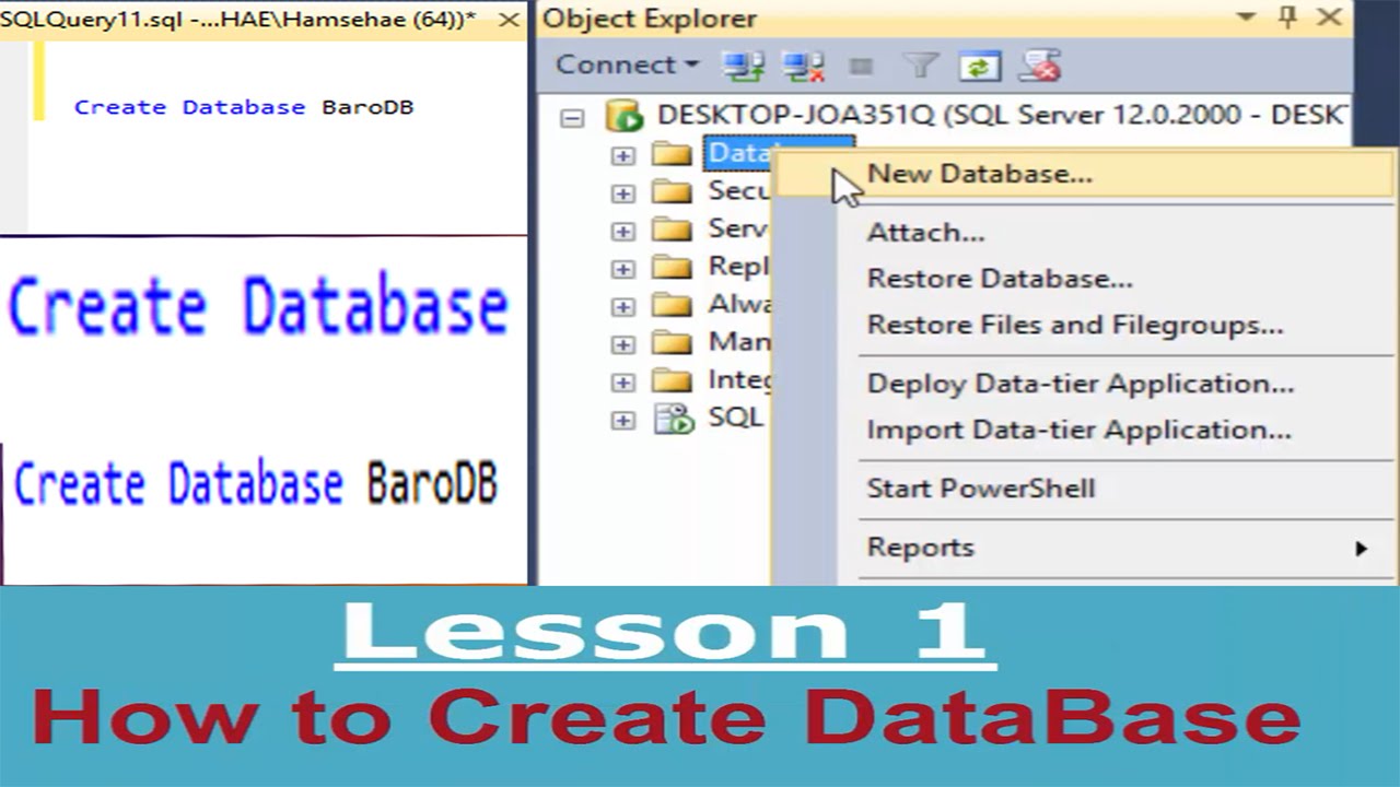 Lesson:1 How To Create Database In sql server Afsoomaali - YouTube