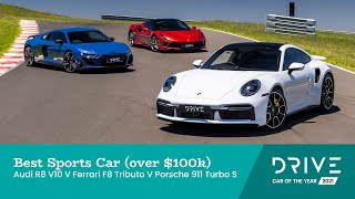 Audi R8 v Ferrari F8 v Porsche 911 Turbo S | Best Super Sports Car | Drive Car of the Year 2021 Ferrari F8 Vs Porsche Turbo S