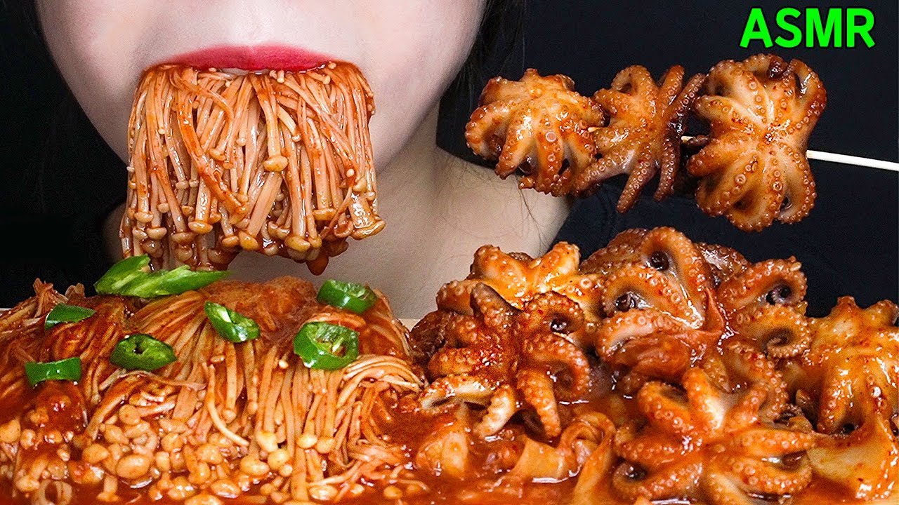 ASMR Enoki Mushroom, Spicy Stir Octopus Mukbang eating show (No Talking ...