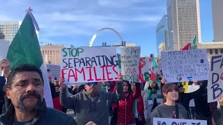 Listen to the chants as around 1000 people protest actions by President Donald Trump aimed at
