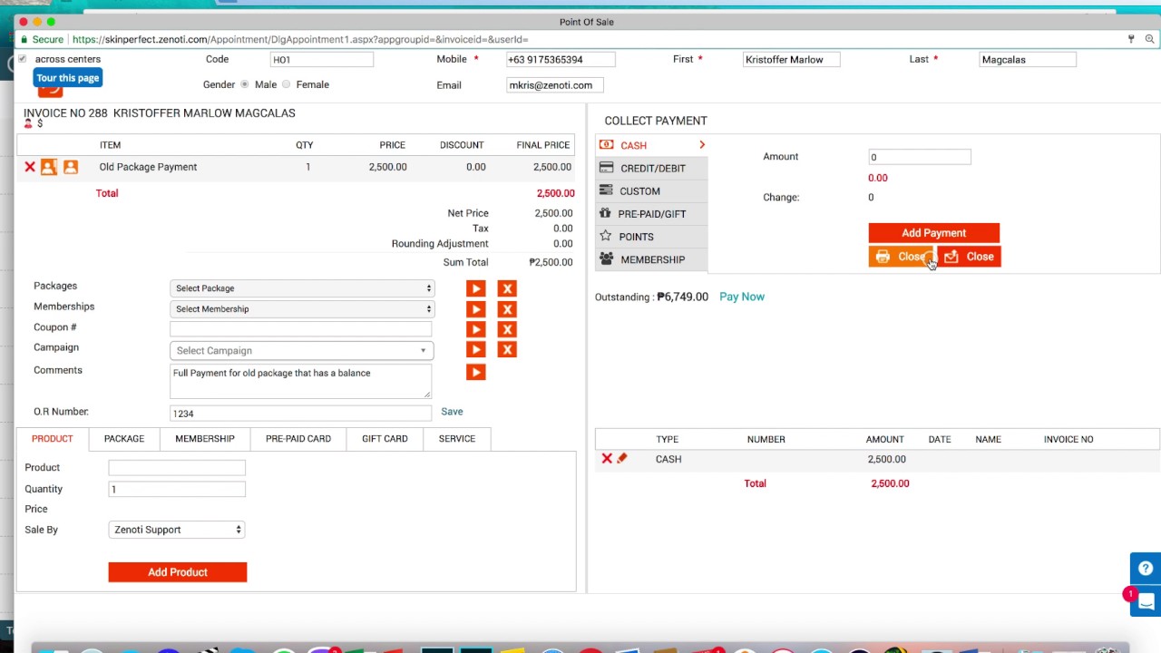 create a payable entry in zenoti for old packages that are partially